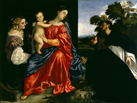 Картина Мадонна з немовлям, св.Катериною, св.Домініком та донатором - Вечелліо Тіціан 