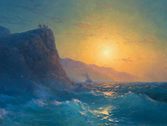 Вид на резкий каменный берег и бурное море на закате