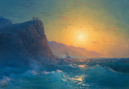 Вид на різкий кам'яний берег і бурхливе море на заході сонця