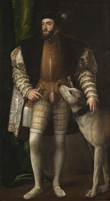 Картина Портрет імператора Карла V із собакою - Вечелліо Тіціан 