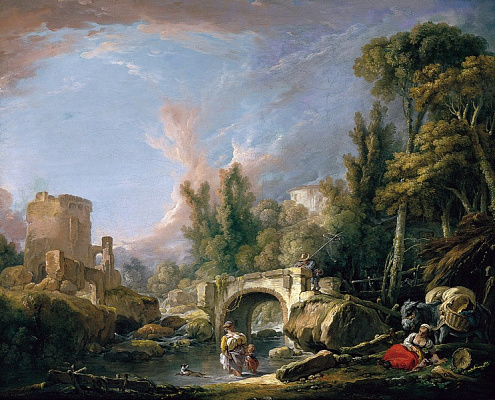 Картина Речной пейзаж с руиной и мостом  - Буше Франсуа 