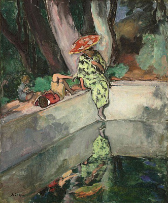 Картина Женщина и дети возле бассейна - Лебаск Анри 