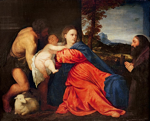 Картина Мадонна с младенцем, Святым Иоанном Крестителем и Донатором - Вечеллио Тициан 